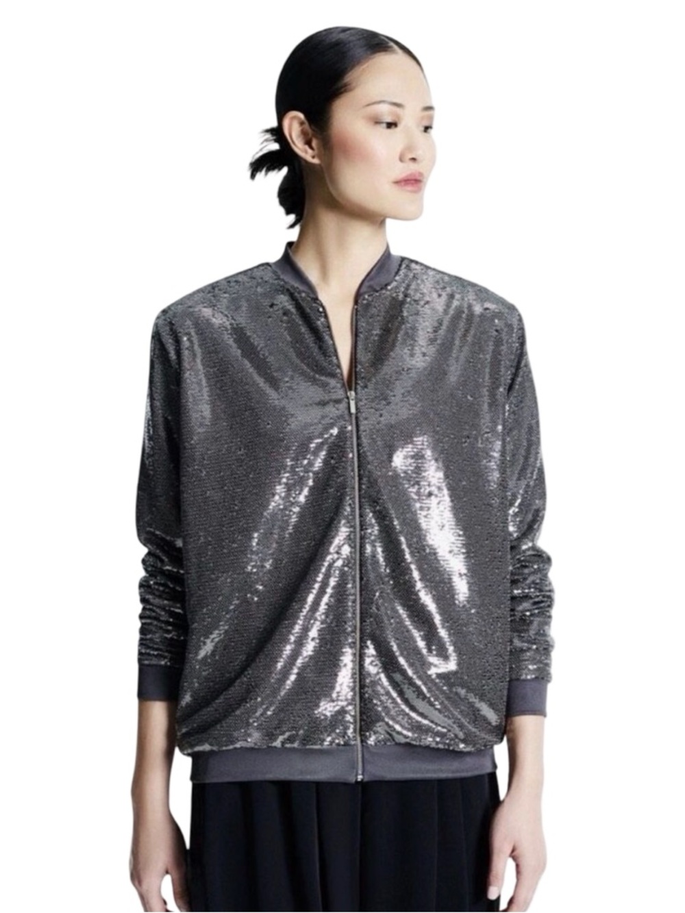GSTQ Sequin Bomber Jacket - Size XS - Silver / Bronze - Retail $398